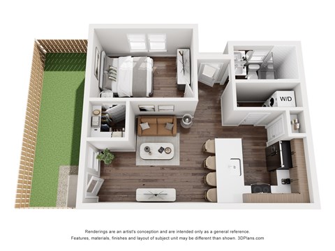 A 3D floor plan of a small apartment with a kitchen, living room, and bathroom.